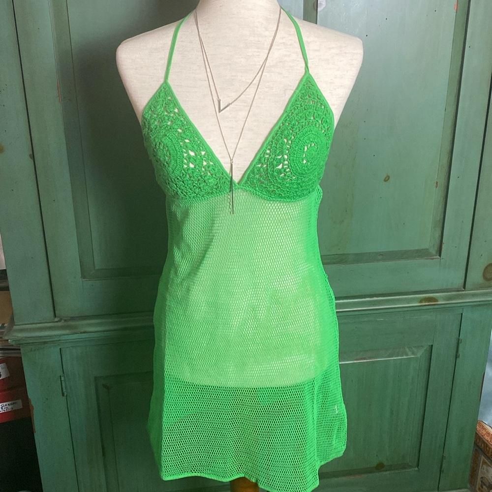 Free People Beach Madagascar Fauxchet Mini Green Crochet Swim Cover Cotton NWOT